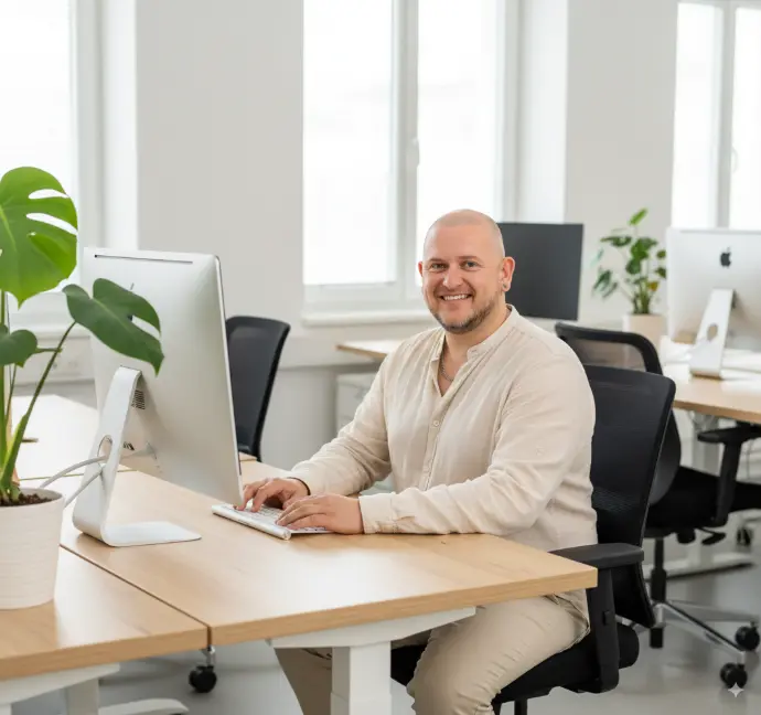 picture of Justin Roach the founder sat at a computer